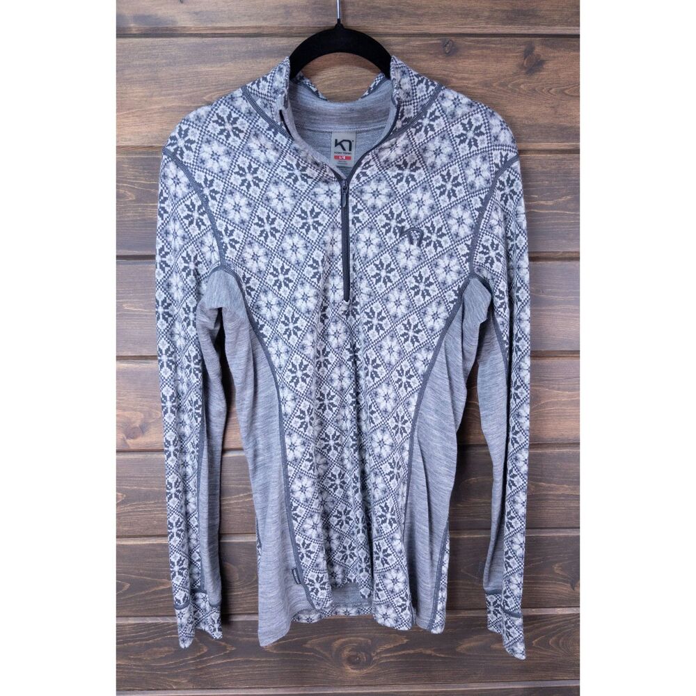 Kari Traa Rose Half-Zip Base Layer Top Gray Nordic Womens Large 100% merino wool
